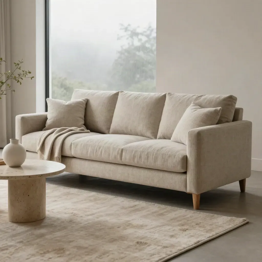 Oatmeal linen 3-seater sofa with travertine side table and vase in bright window light.