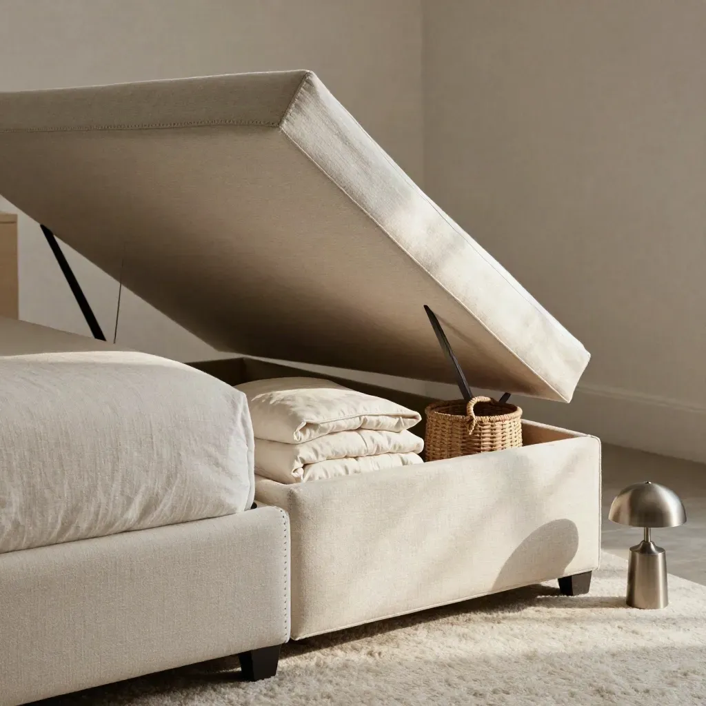 Pale linen ottoman bed lid open with quilts, basket and lamp in a soft bedroom close-up.