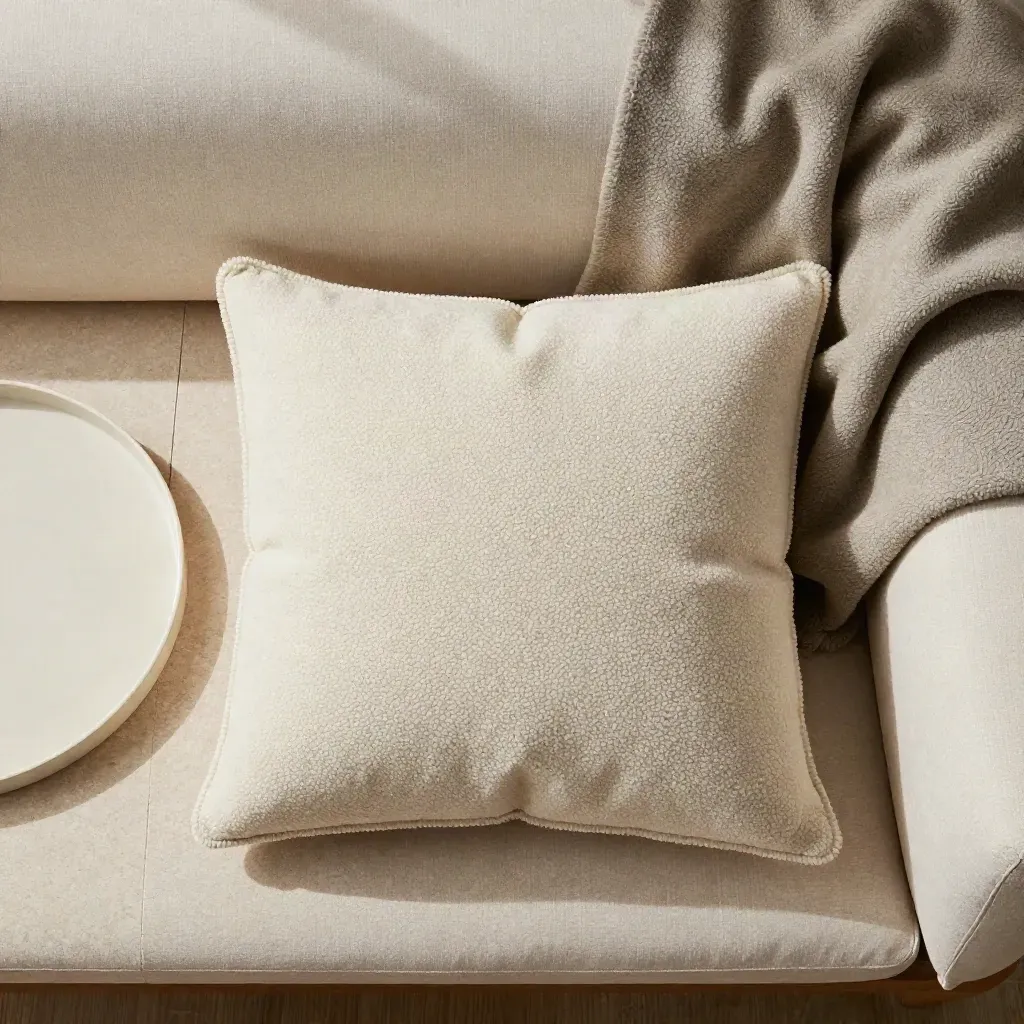 Top-down bouclé cushion flatlay with wool throw, tray and second cushion in soft sage and ivory.