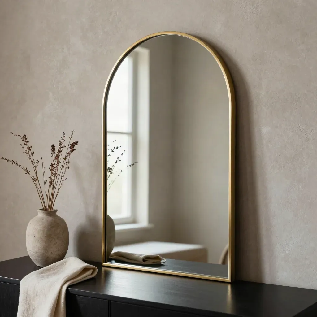 Brushed gold arch mirror by a pale console with dried stems and folded runner.
