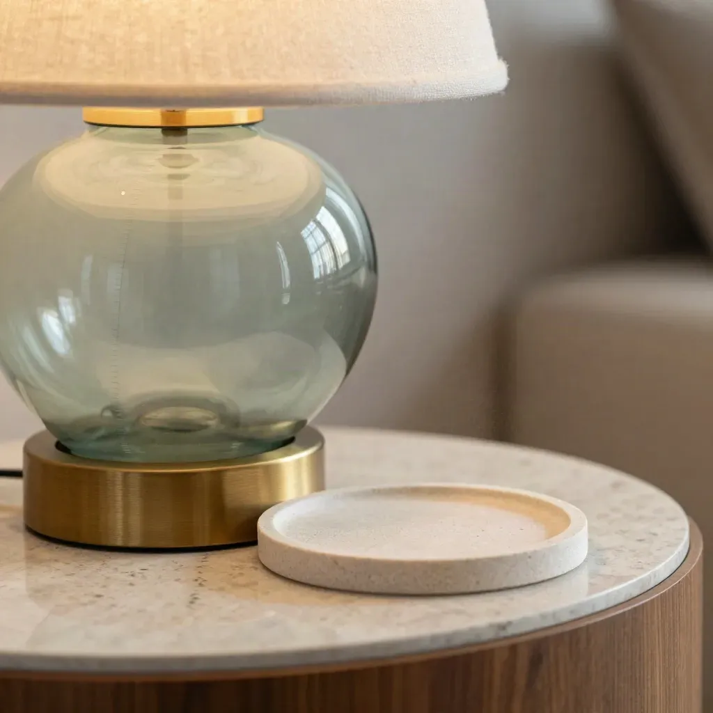 Glowing sage glass lamp with brass base on stone coaster and ceramic tray.