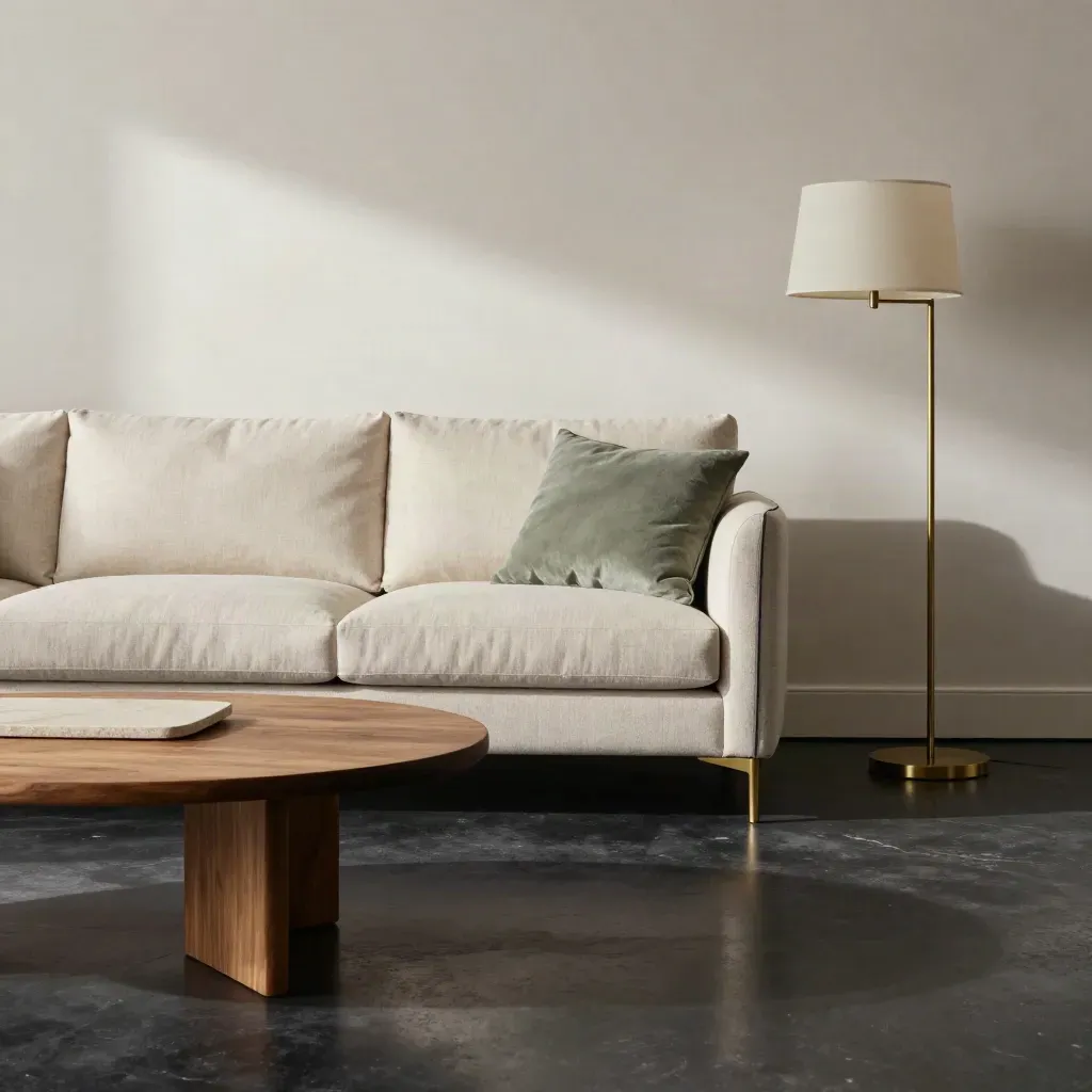 Stylish sofa set with coffee table and brass lamp in a dramatic modern living room
