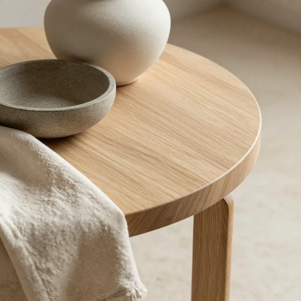 Macro of pale oak side table top with ceramic vessel, stone bowl and folded linen in soft daylight.