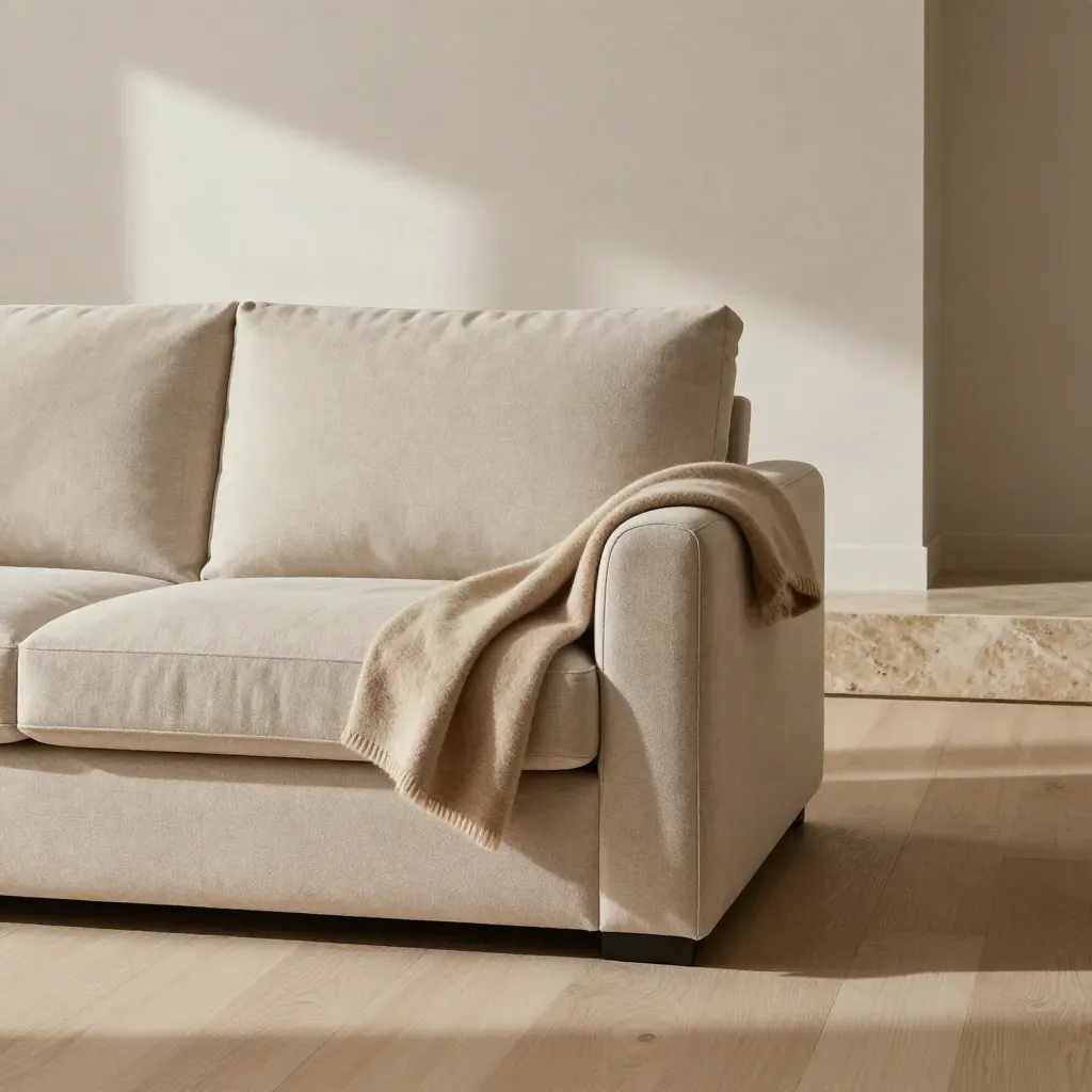 Oatmeal Harbour 2-seat sofa with cushions, wool throw and floor cushion in an airy calm living room.