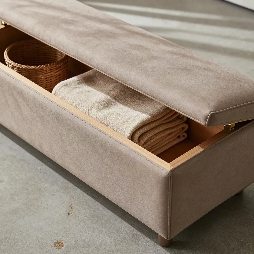 Taupe cedar chest bench with open lid, folded blanket and woven basket on concrete