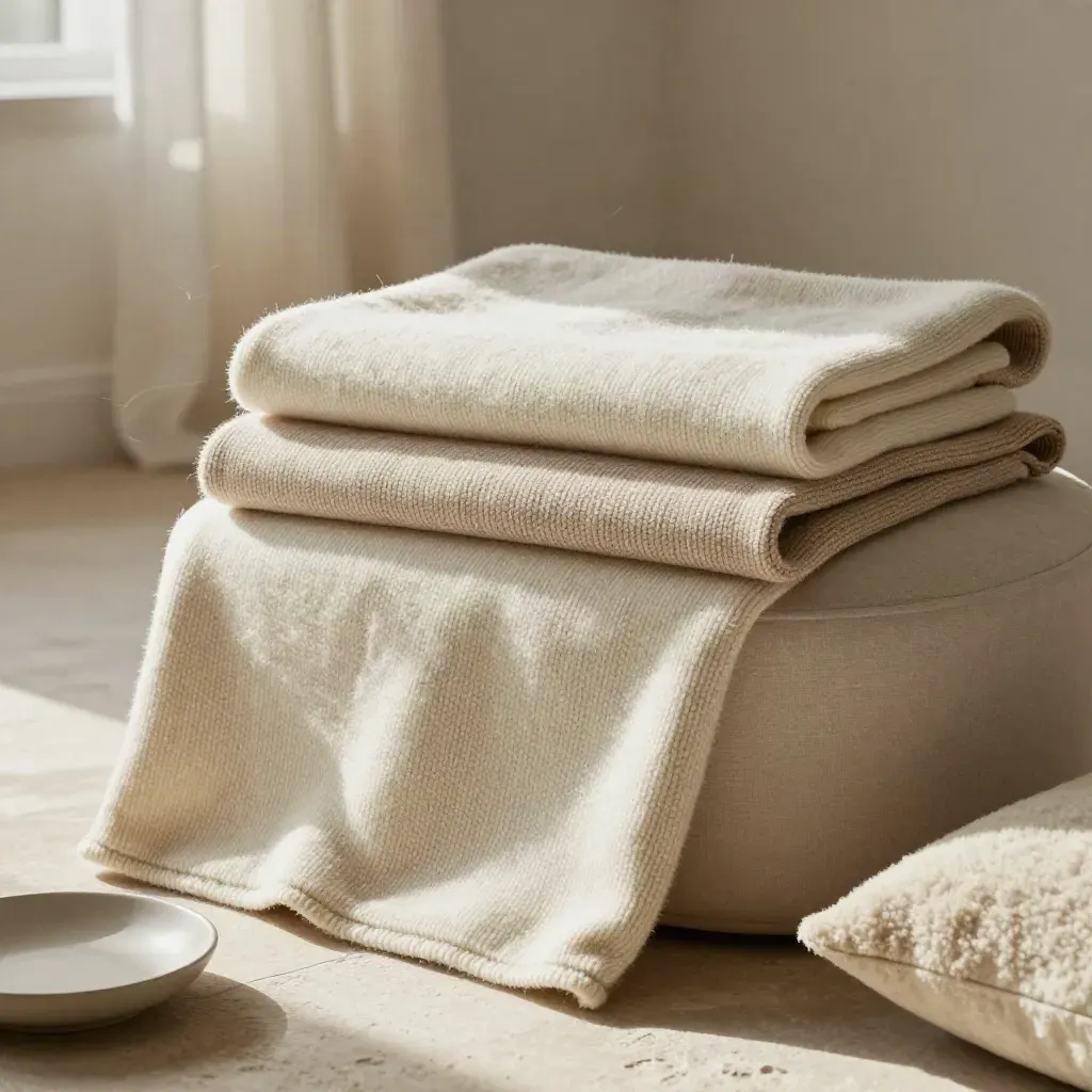 Three woven throws on a rounded ottoman with a ceramic dish and wool cushion.