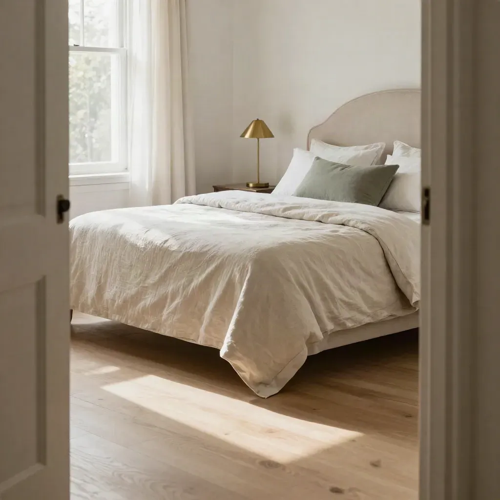Sunlit bedroom with layered linen bed, arched headboard and calm pale timber floor.